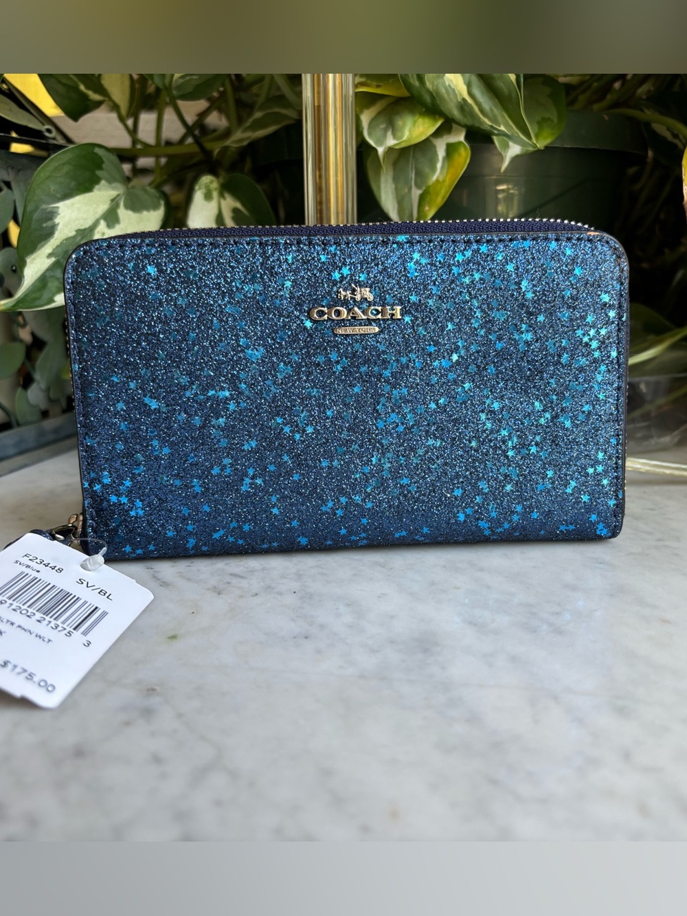 NWT Coach Navy Blue Glitter Star Zip Wallet